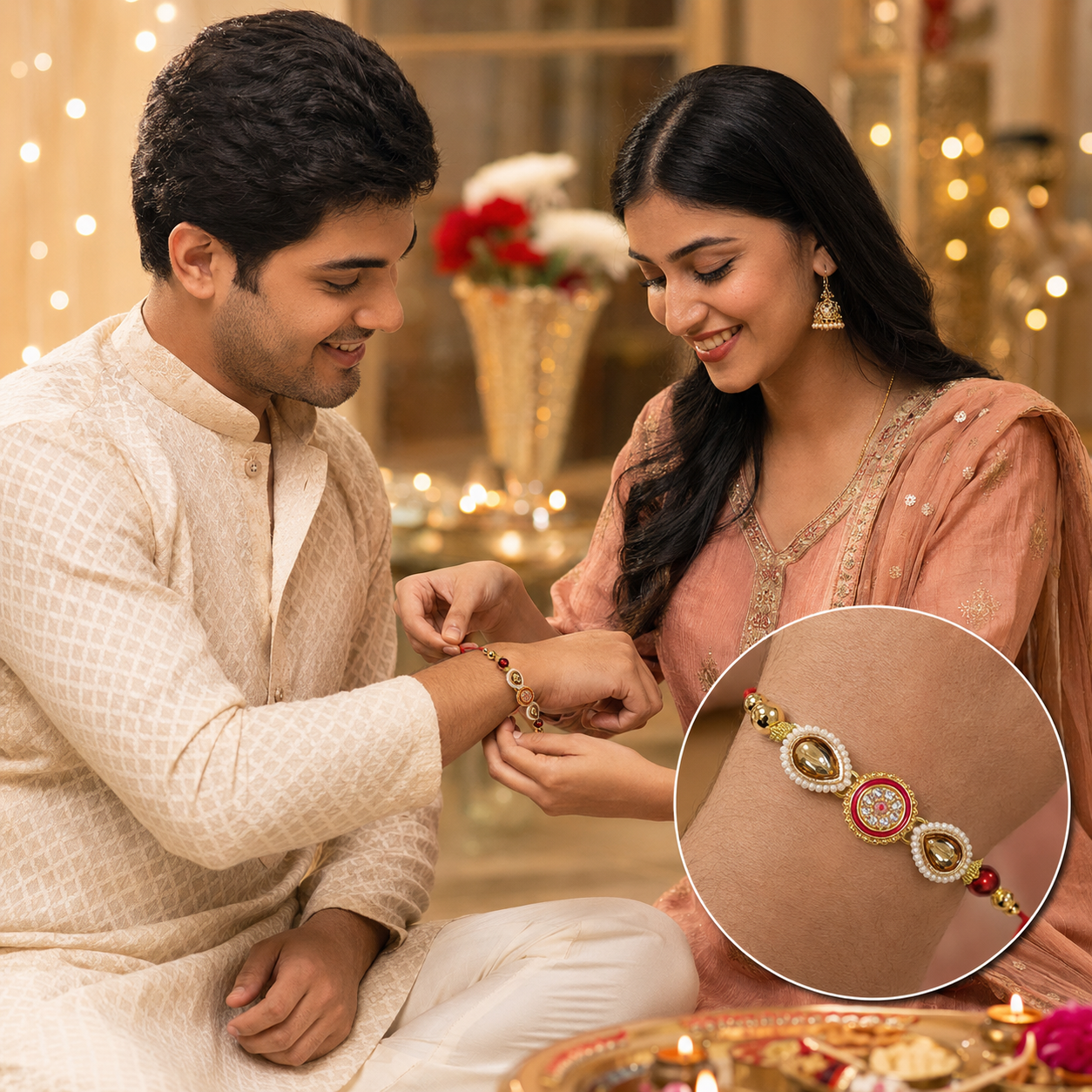 Royal Twin Kundan Pearl Rakhi – Premium Designer Raksha Bandhan Bracelet - Image 3