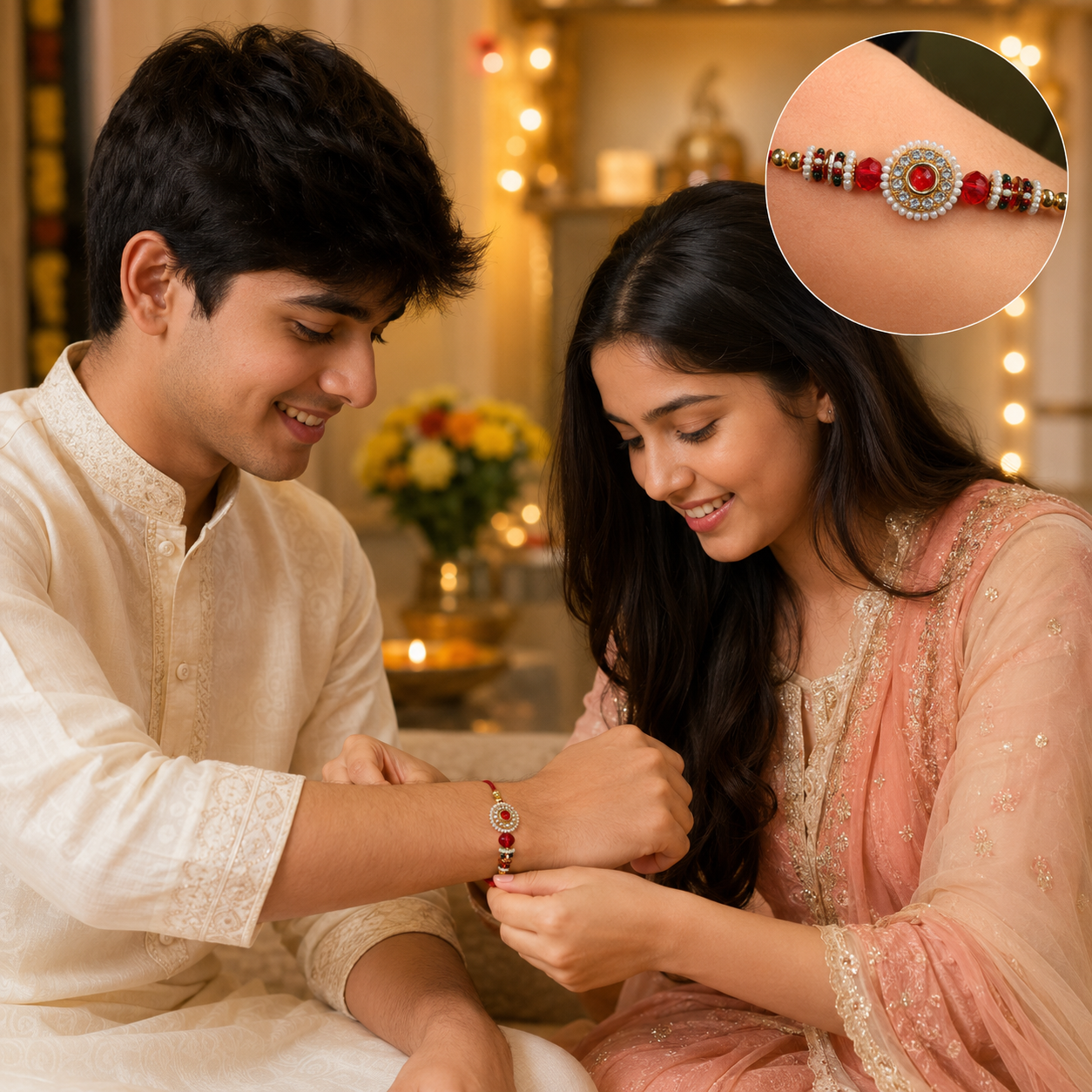 Royal Ruby Crystal Rakhi – Premium Kundan Pearl Designer Bracelet - Image 3