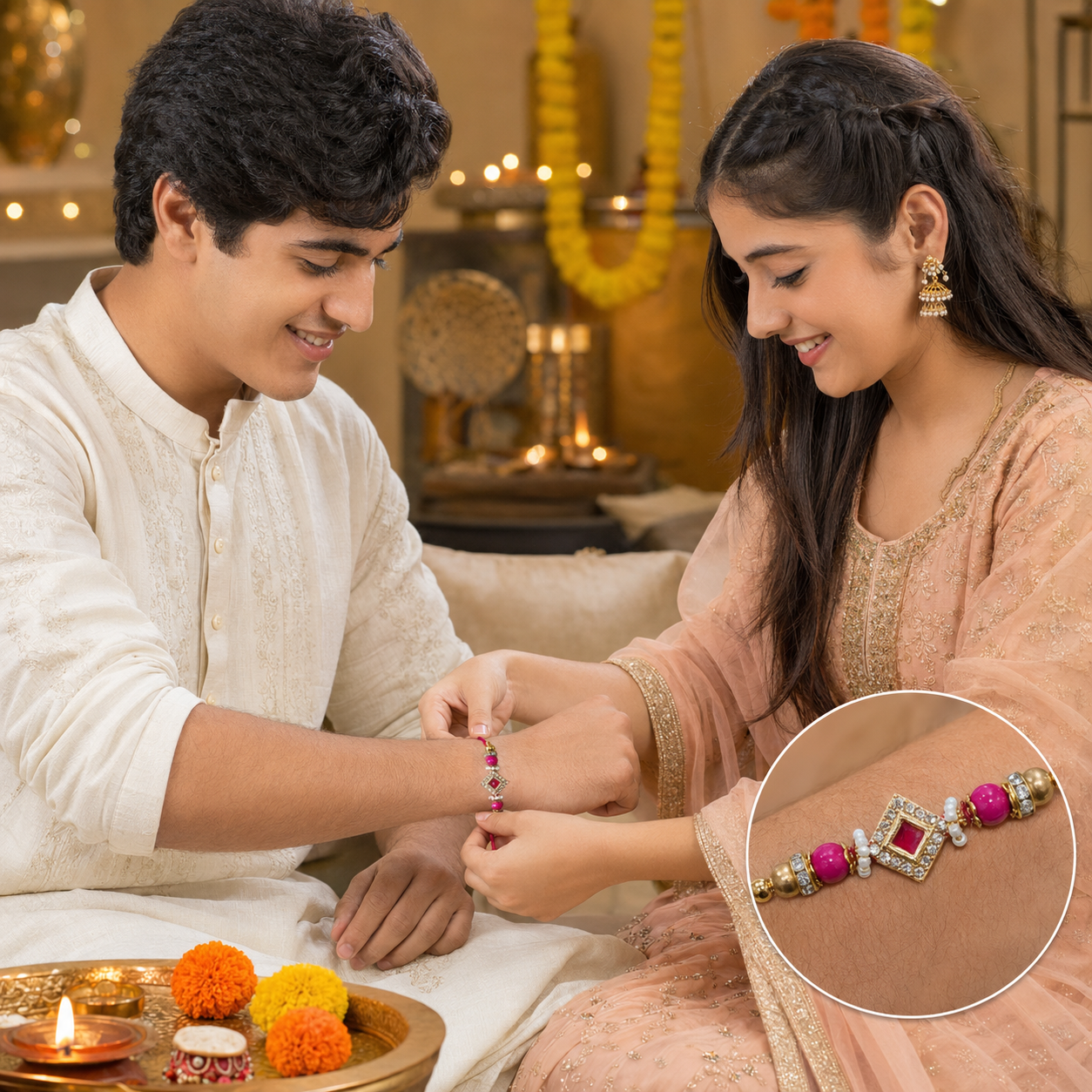 Luxury Lavender Crystal & Pearl Handcrafted Designer Rakhi - Image 3