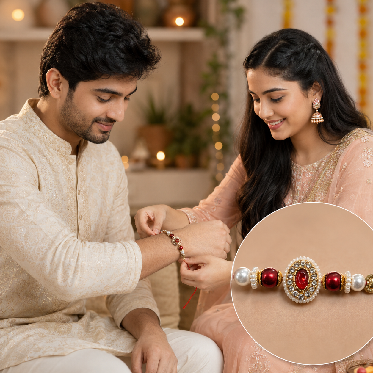 Royal Crimson Pearl Rakhi – Premium Kundan & Pearl Raksha Bandhan Bracelet - Image 3