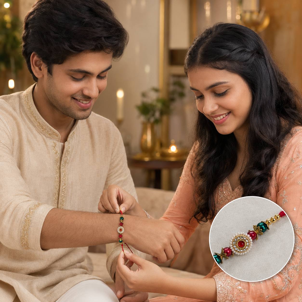 Royal Emerald & Ruby Designer Rakhi – Premium Kundan Pearl Rakhi - Image 3