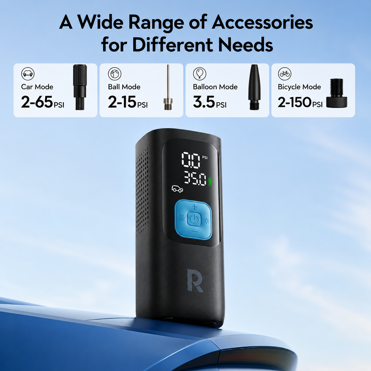 RAVPOWER 3-in-1 Smart إير Compressor with Power Bank & LED Flashlight, Cordless Portable Air Pump for Car, Motorcycle, Bicycle, Auto-Stop, Large LCD Display, Travel Accessories Included — view 3 of 4