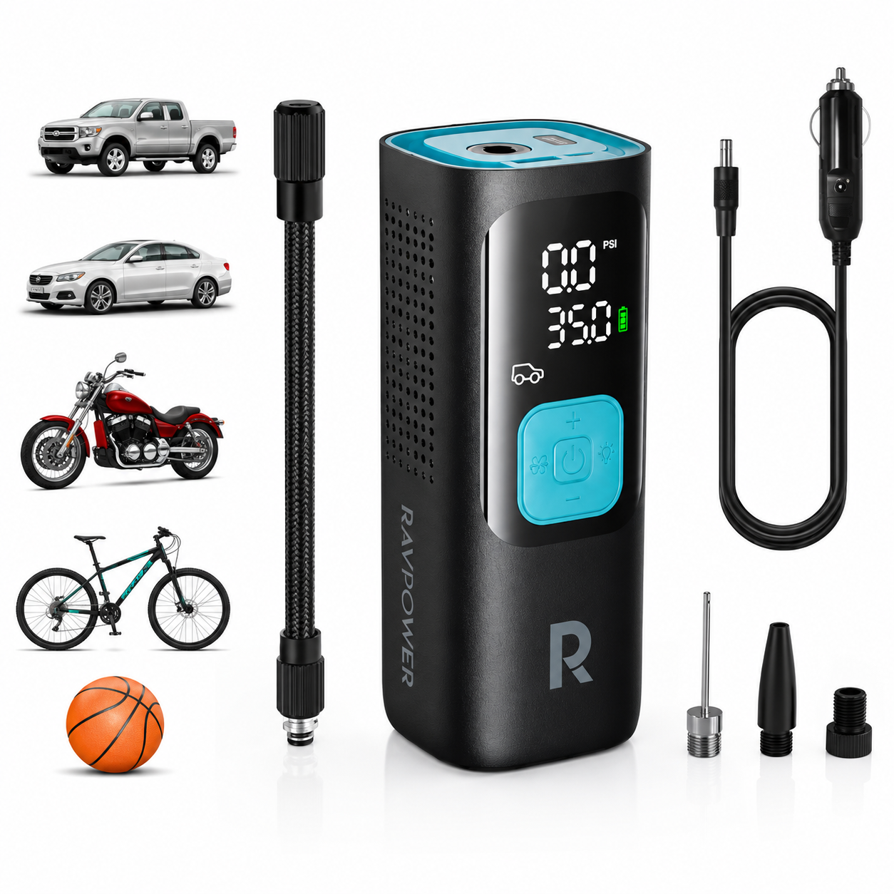 RAVPOWER 3-in-1 Smart إير Compressor with Power Bank & LED Flashlight, Cordless Portable Air Pump for Car, Motorcycle, Bicycle, Auto-Stop, Large LCD Display, Travel Accessories Included — view 2 of 4