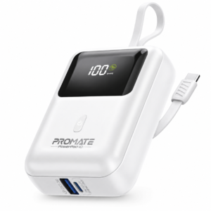 Promate Power Bank, Universal 10000mAh Ultra-Compact Portable Charger, Built-In 35W USB-C Cable, 35W USB-C Power Delivery Port and 18W USB-A QC 3.0 Port for iPhone 17, Galaxy S25, PowerPod-10