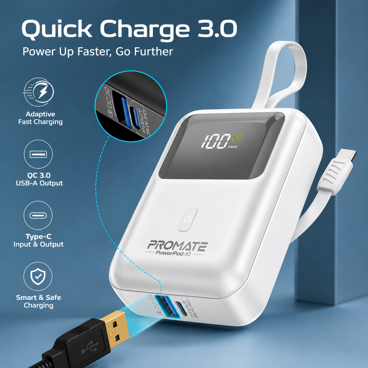 Promate Power Bank, Universal 10000mAh Ultra-Compact Portable Charger, Built-In 35W USB-C Cable, 35W USB-C Power Delivery Port and 18W USB-A QC 3.0 Port for iPhone 17, Galaxy S25, PowerPod-10 — view 3 of 5