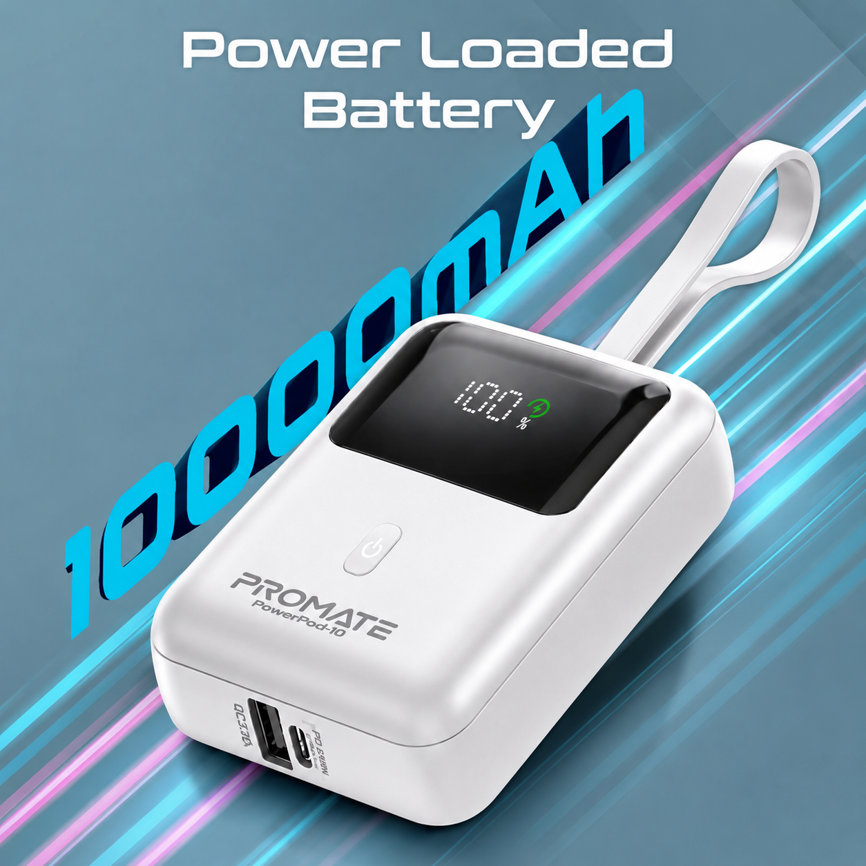 Promate Power Bank, Universal 10000mAh Ultra-Compact Portable Charger, Built-In 35W USB-C Cable, 35W USB-C Power Delivery Port and 18W USB-A QC 3.0 Port for iPhone 17, Galaxy S25, PowerPod-10 — view 2 of 5