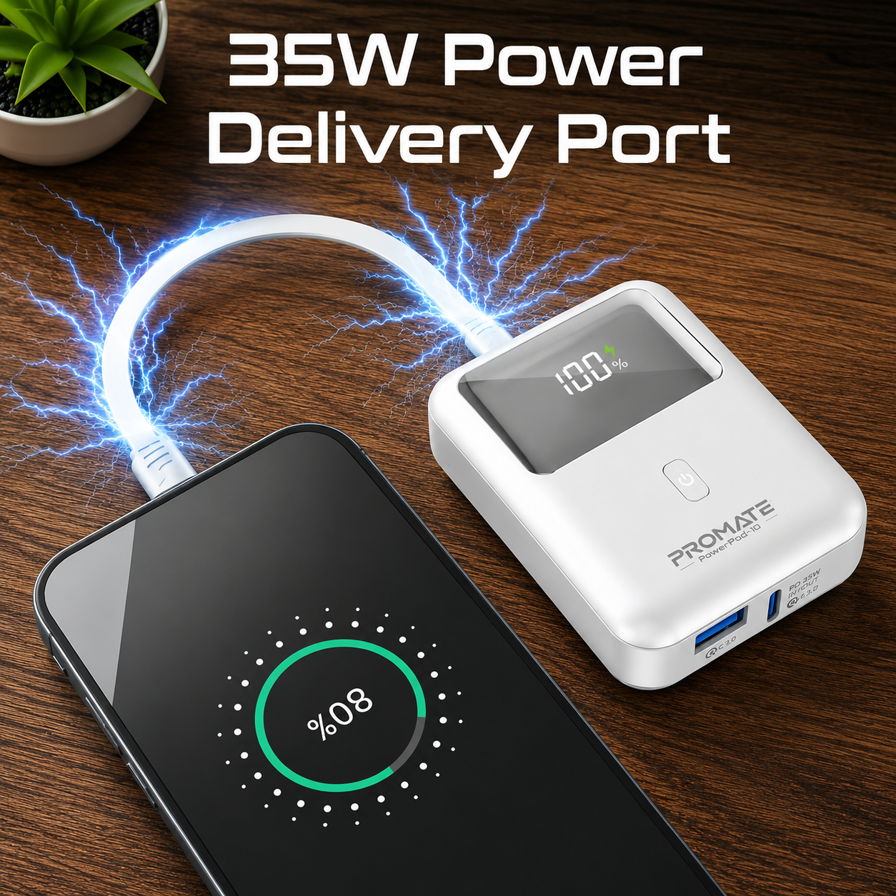 Promate Power Bank, Universal 10000mAh Ultra-Compact Portable Charger, Built-In 35W USB-C Cable, 35W USB-C Power Delivery Port and 18W USB-A QC 3.0 Port for iPhone 17, Galaxy S25, PowerPod-10 — view 5 of 5