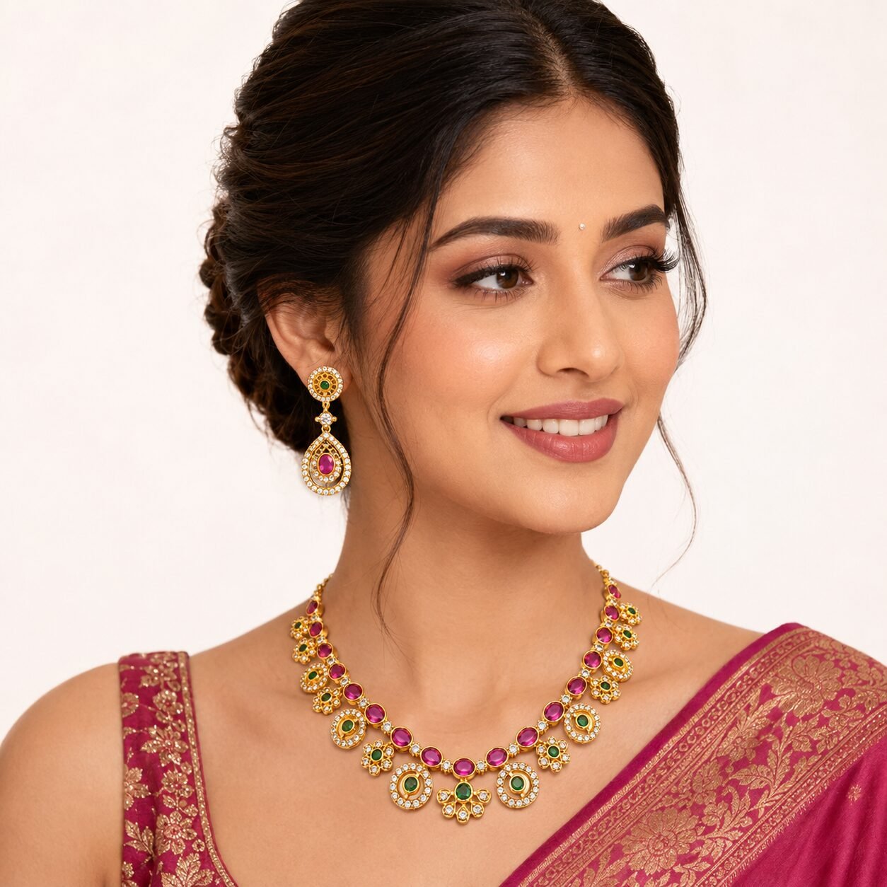 Rani Ruby & Emerald Floral Necklace Set - Image 2