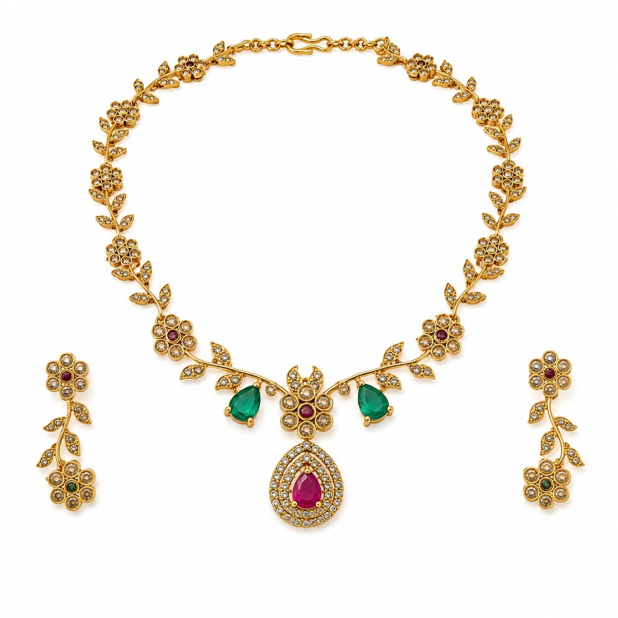 Gulnaar Emerald & Ruby Floral Necklace Set