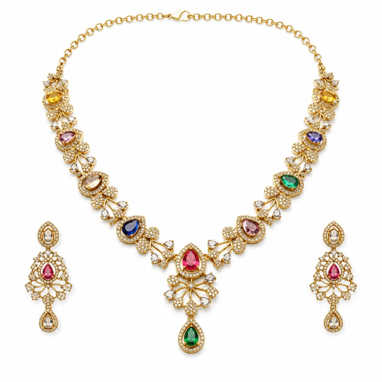 Navratna Royale Multicolour Necklace & Earrings Set