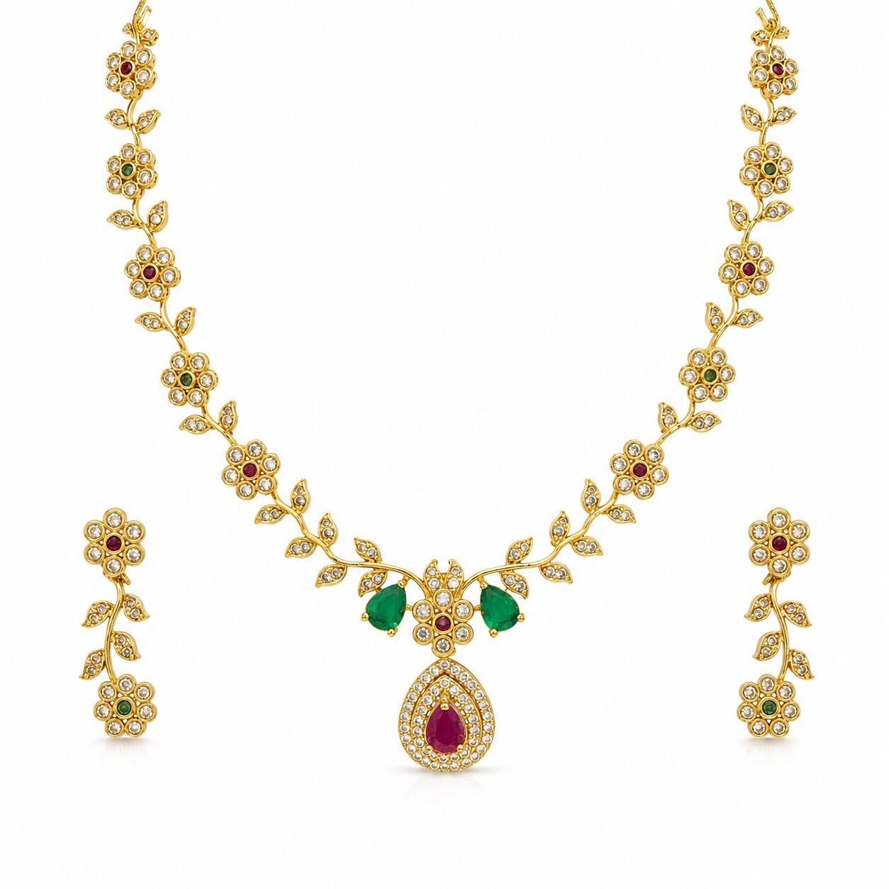 Emerald Ruby Blossom Gold-Tone Necklace Set