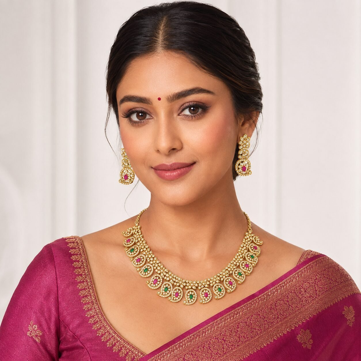 Royal Mayura Ruby & Emerald Necklace Set - Image 2