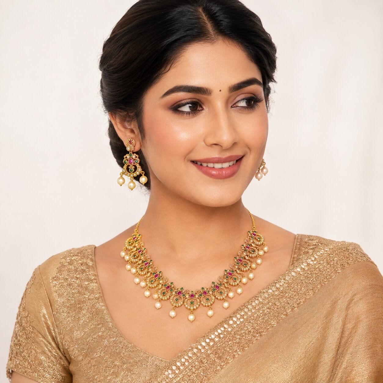 Maharani Kundan Pearl Necklace & Earrings Set — view 2 of 4