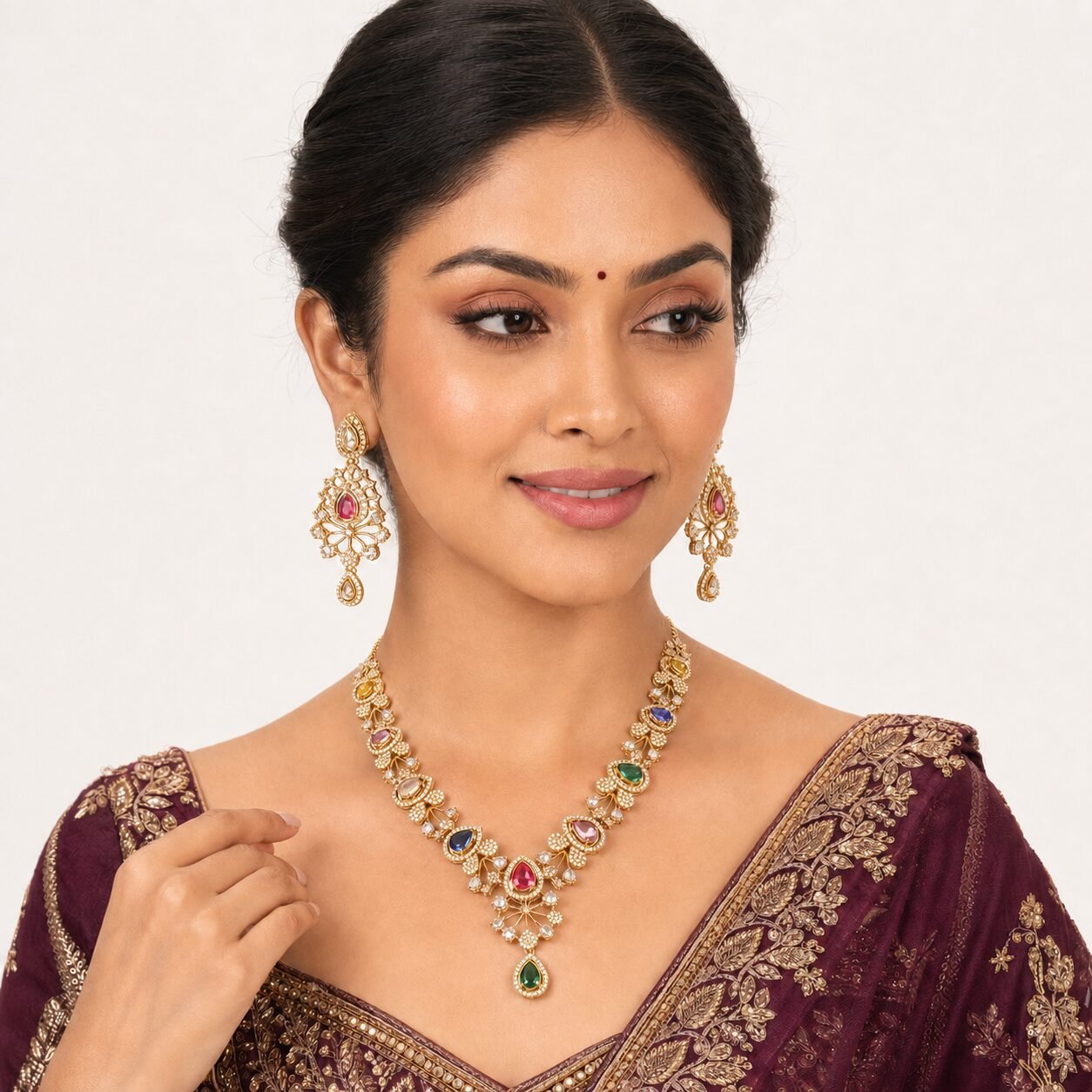 Navratna Royale Multicolour Necklace & Earrings Set - Image 2