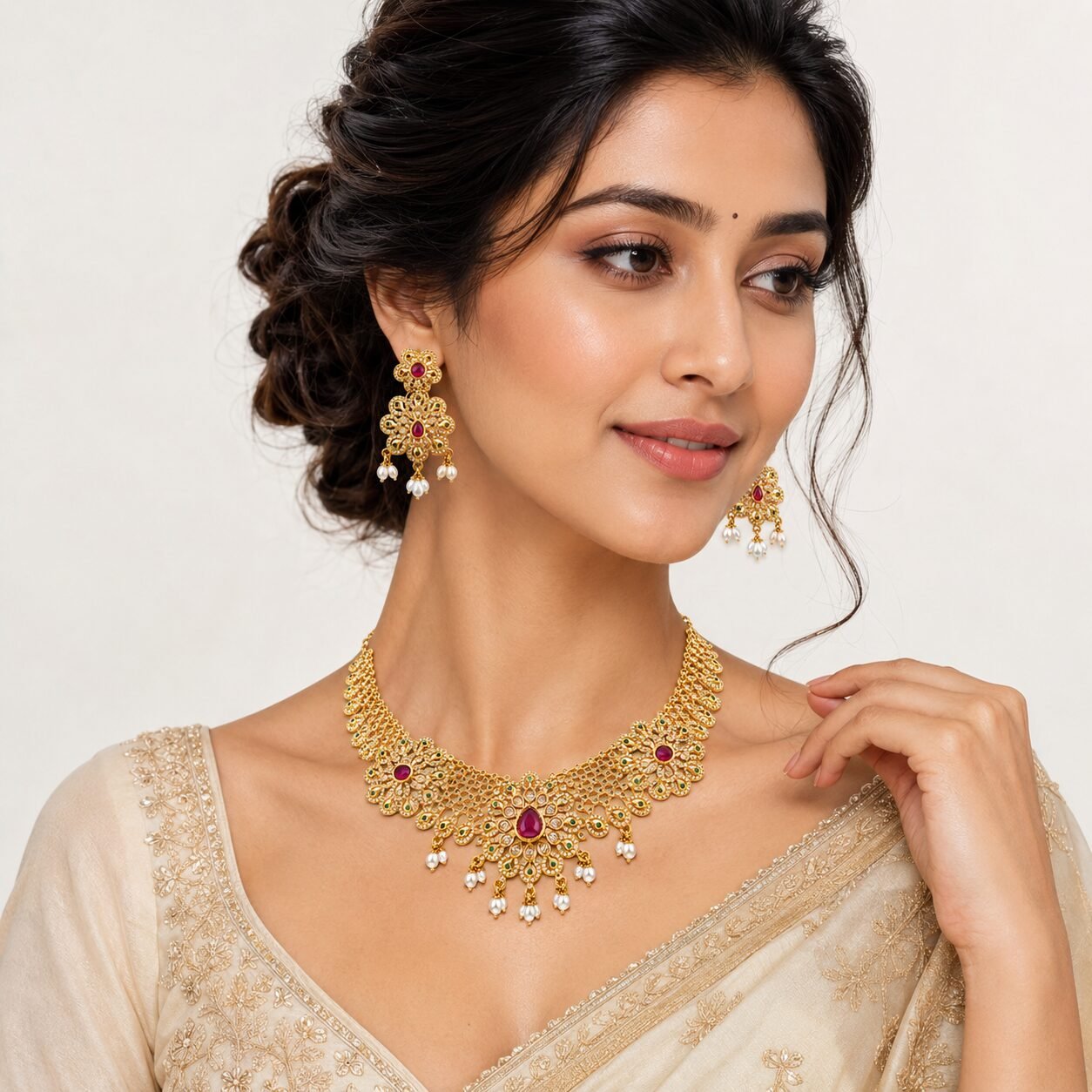 Maharani Ruby Peacock Necklace Set - Image 2