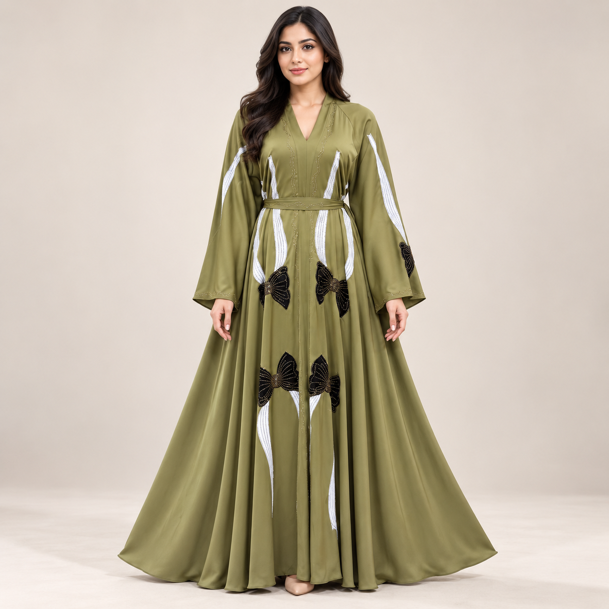 Olive Green Bow-Detail Abaya with Tie Belt