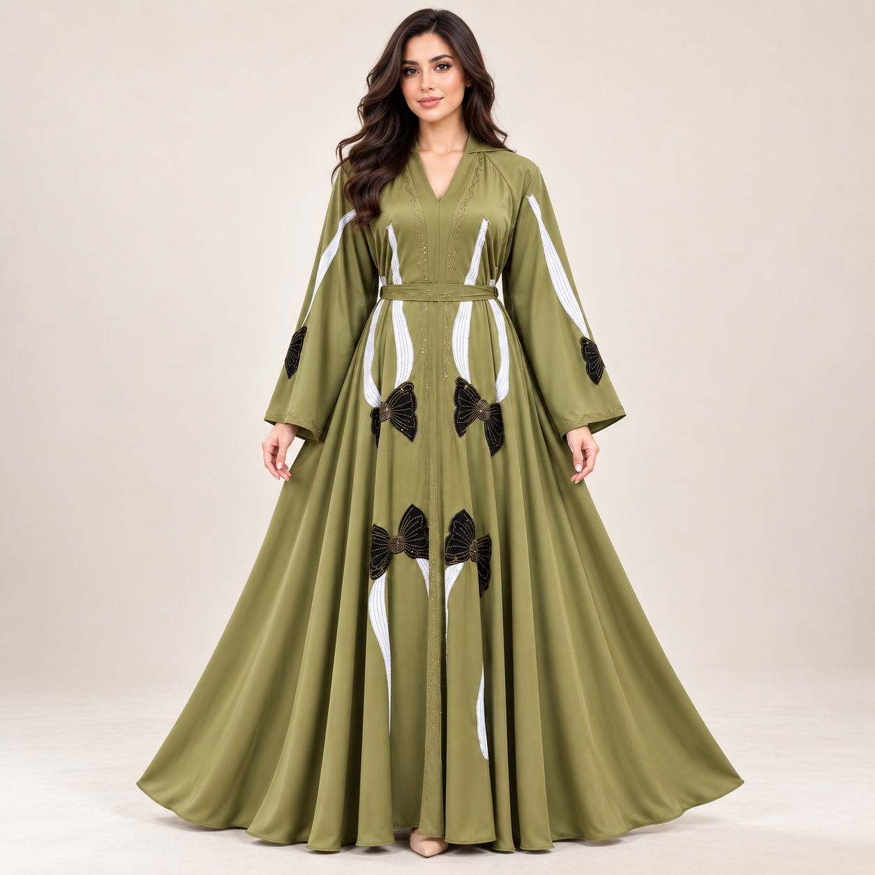 Olive Green Bow-Detail Abaya with Tie Belt — view 2 of 4