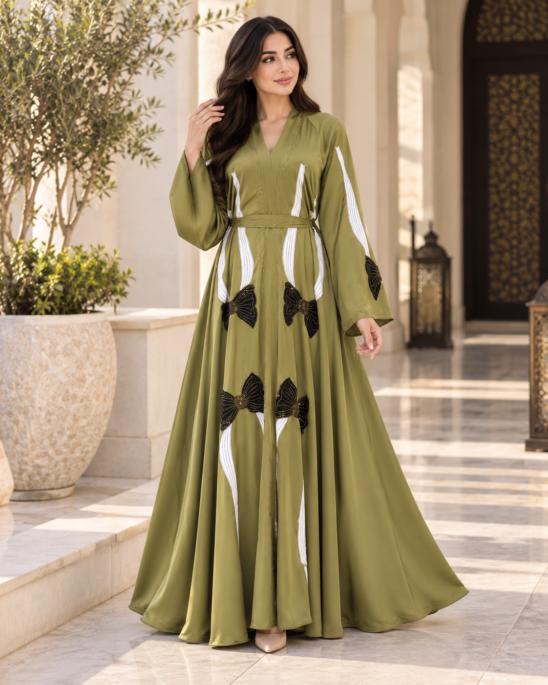 Olive Green Bow-Detail Abaya with Tie Belt — view 3 of 4
