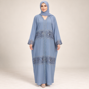 Dusty Blue Abaya with Floral Lace Insert Panels