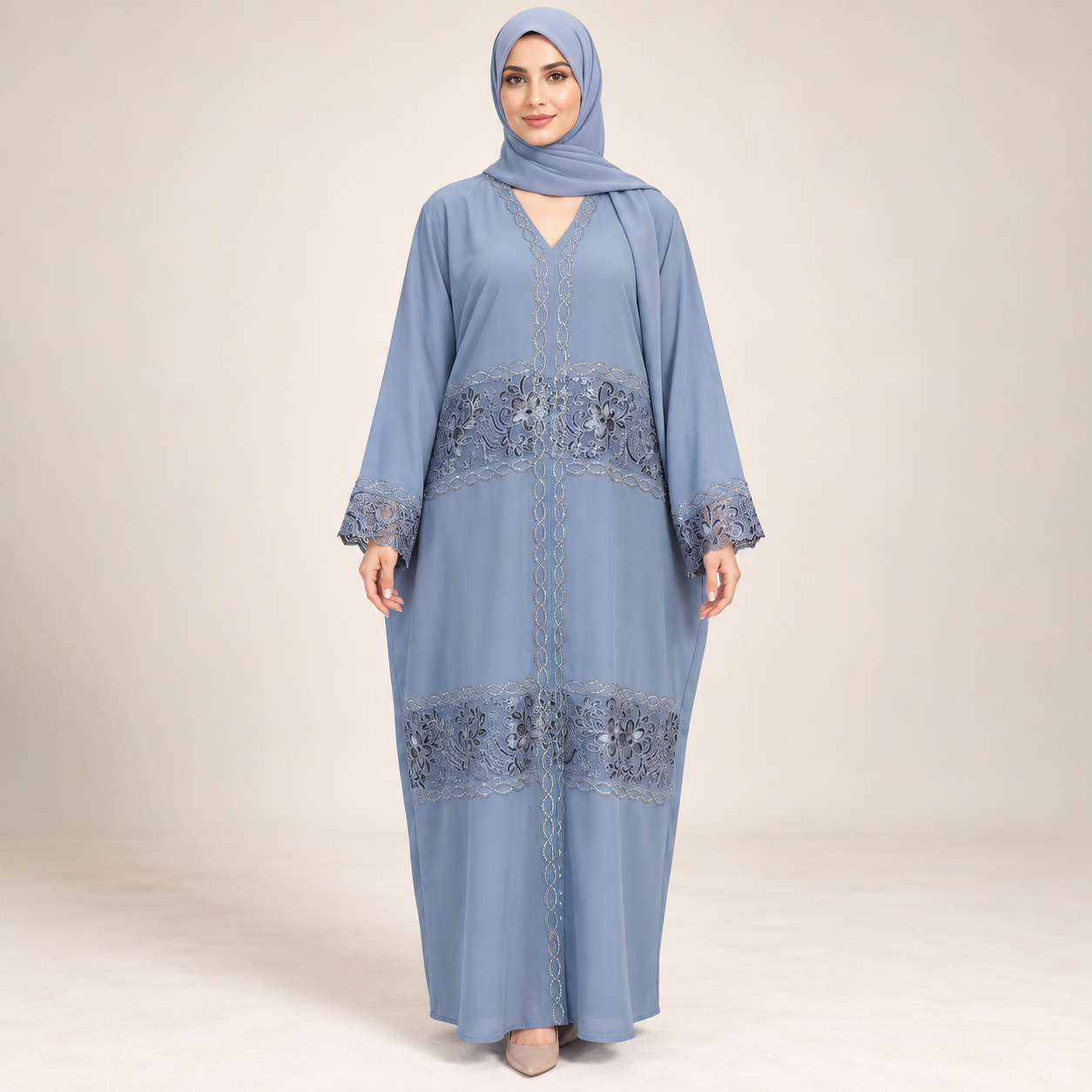 Dusty Blue Abaya with Floral Lace Insert Panels
