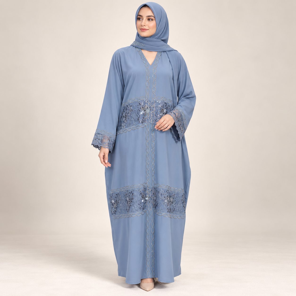 Dusty Blue Abaya with Floral Lace Insert Panels — view 3 of 4