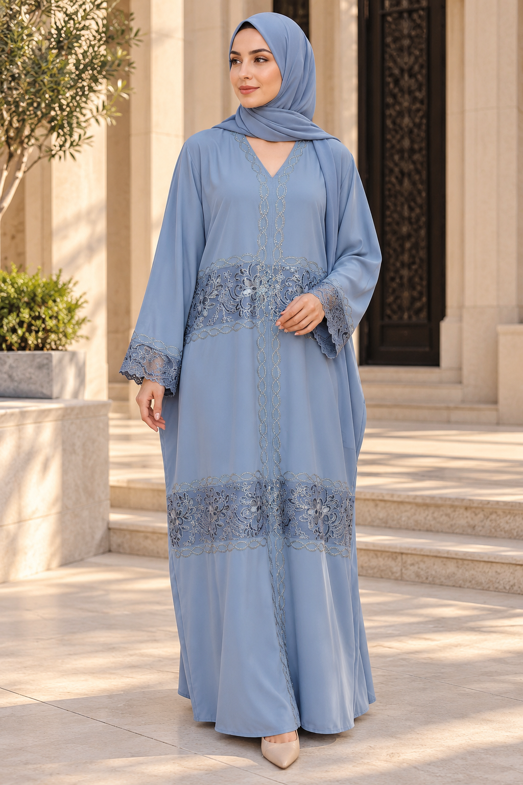 Dusty Blue Abaya with Floral Lace Insert Panels — view 4 of 4