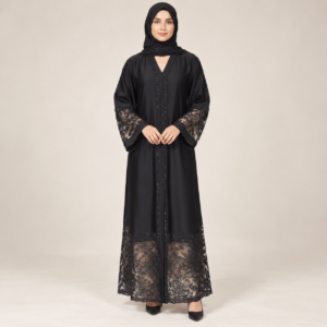 Black Abaya with Sheer Floral Lace Hem and Cuffs