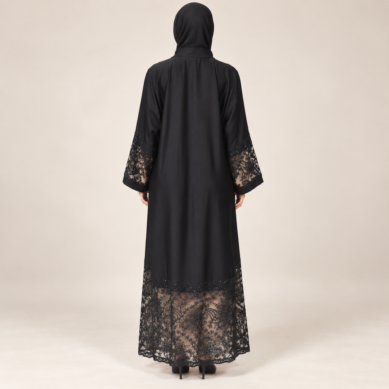 Black Abaya with Sheer Floral Lace Hem and Cuffs — view 2 of 4