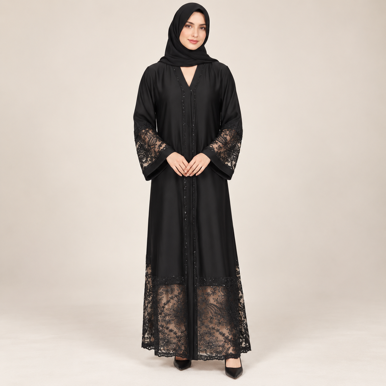 Black Abaya with Sheer Floral Lace Hem and Cuffs — view 3 of 4