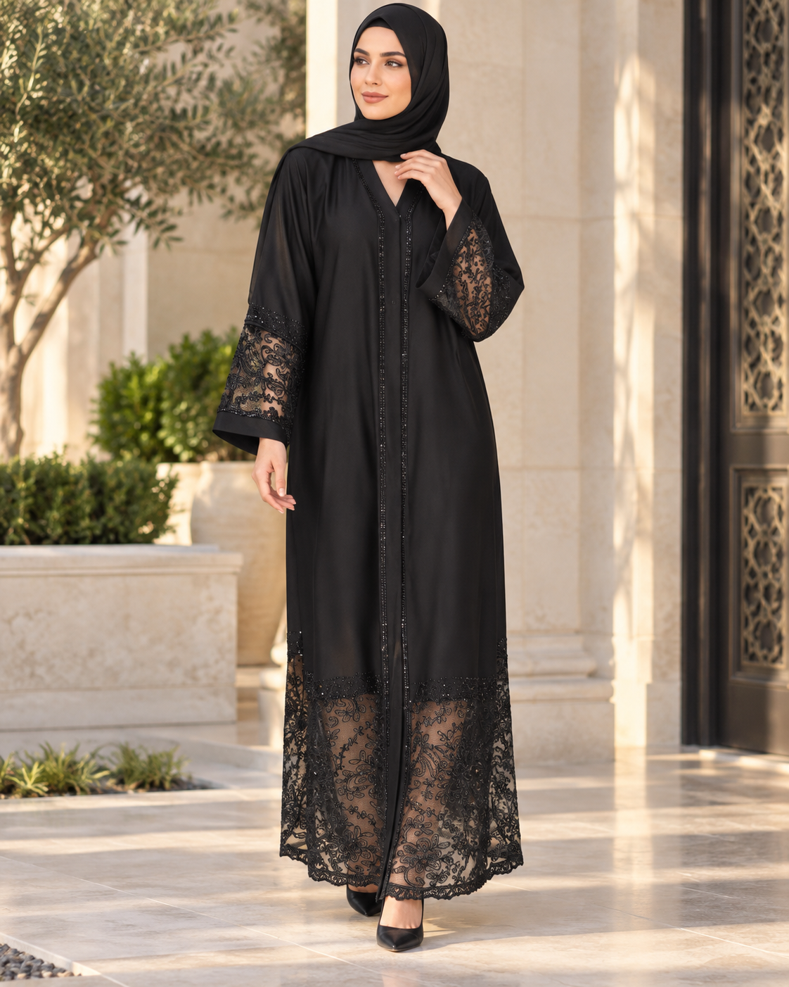 Black Abaya with Sheer Floral Lace Hem and Cuffs — view 4 of 4