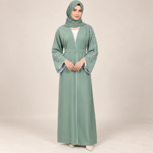 Sage Green Open Abaya with Embroidered Sleeve and Tie Belt