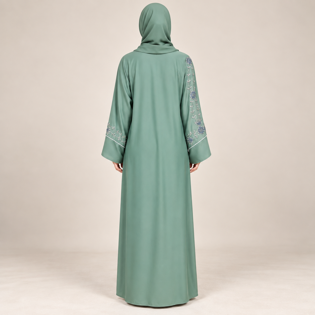 Sage Green Open Abaya with Embroidered Sleeve and Tie Belt — view 2 of 4