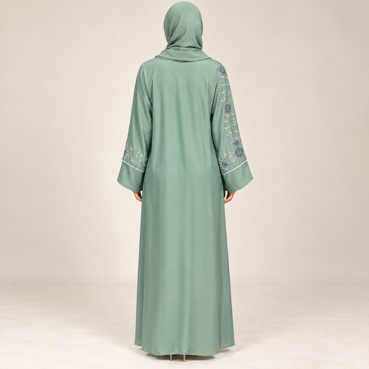 Sage Green Open Abaya with Embroidered Sleeve and Tie Belt — view 3 of 4