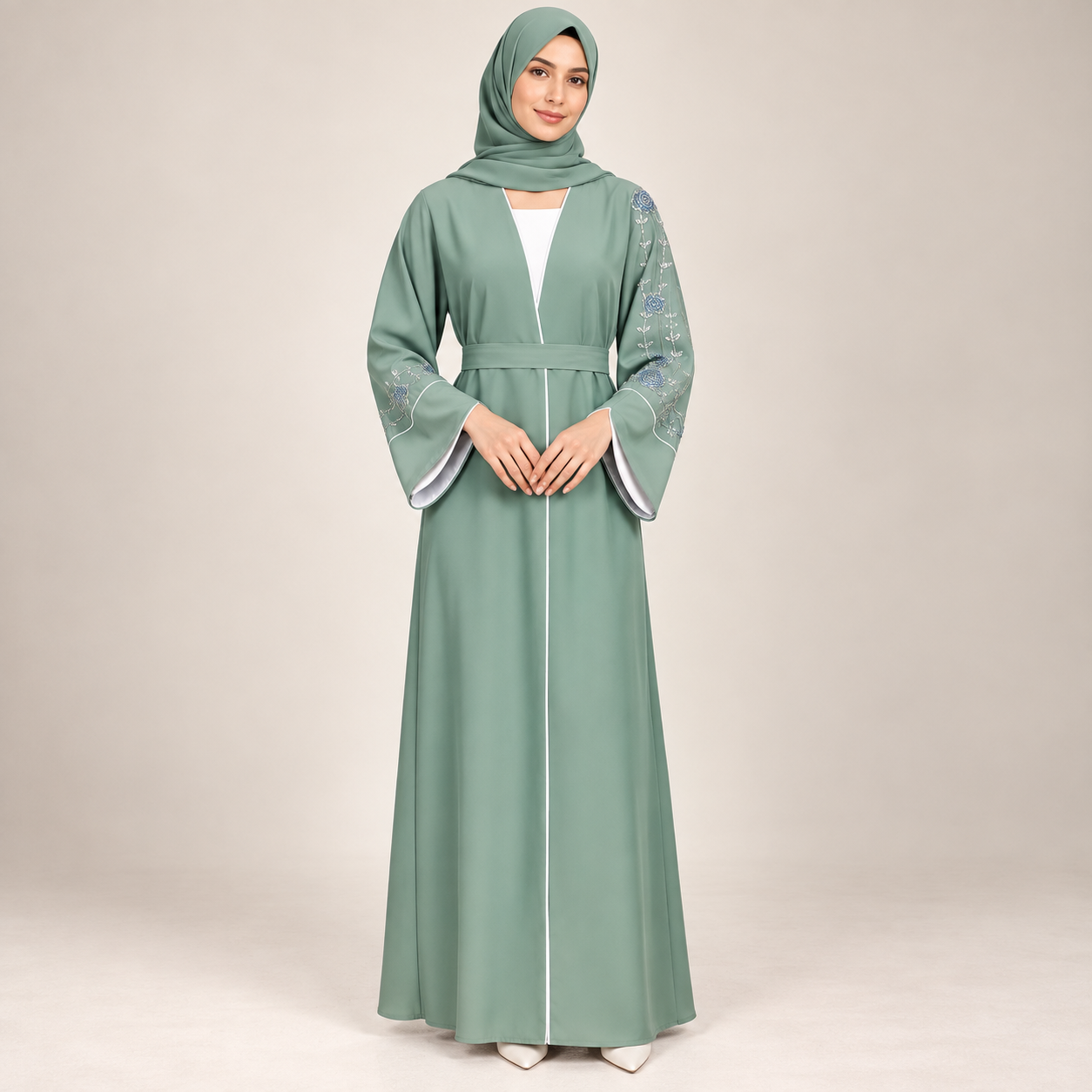 Sage Green Open Abaya with Embroidered Sleeve and Tie Belt — view 4 of 4