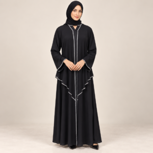 Black Layered Abaya with Contrast-Piped Cape Overlay