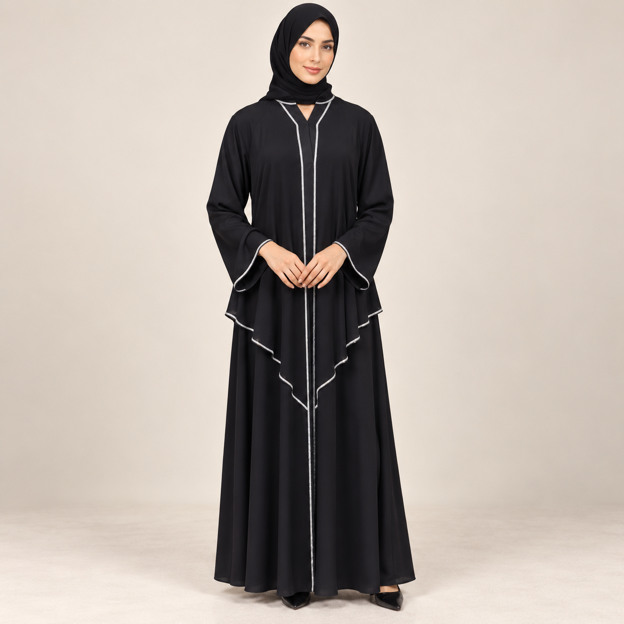 Black Layered Abaya with Contrast-Piped Cape Overlay