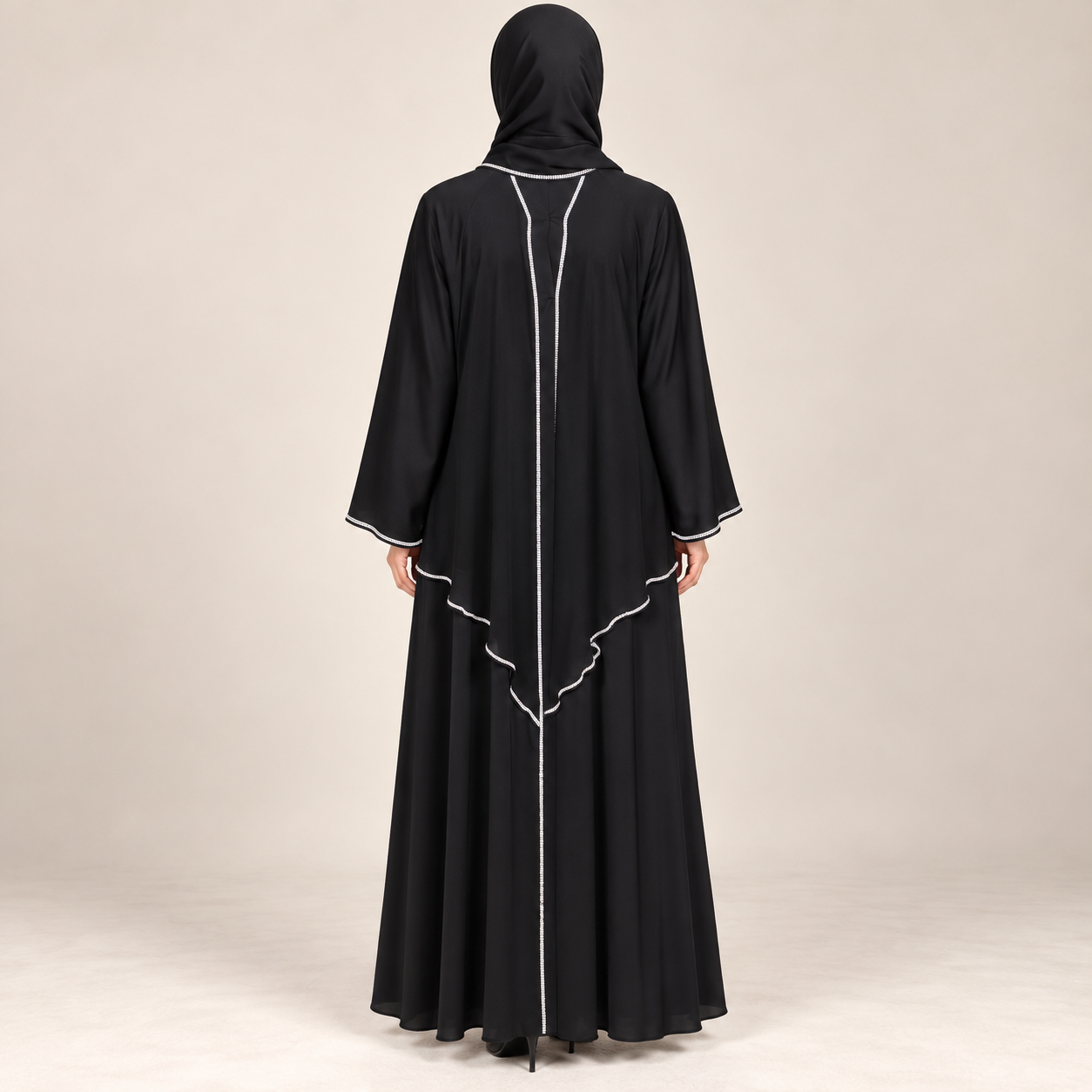 Black Layered Abaya with Contrast-Piped Cape Overlay — view 2 of 4