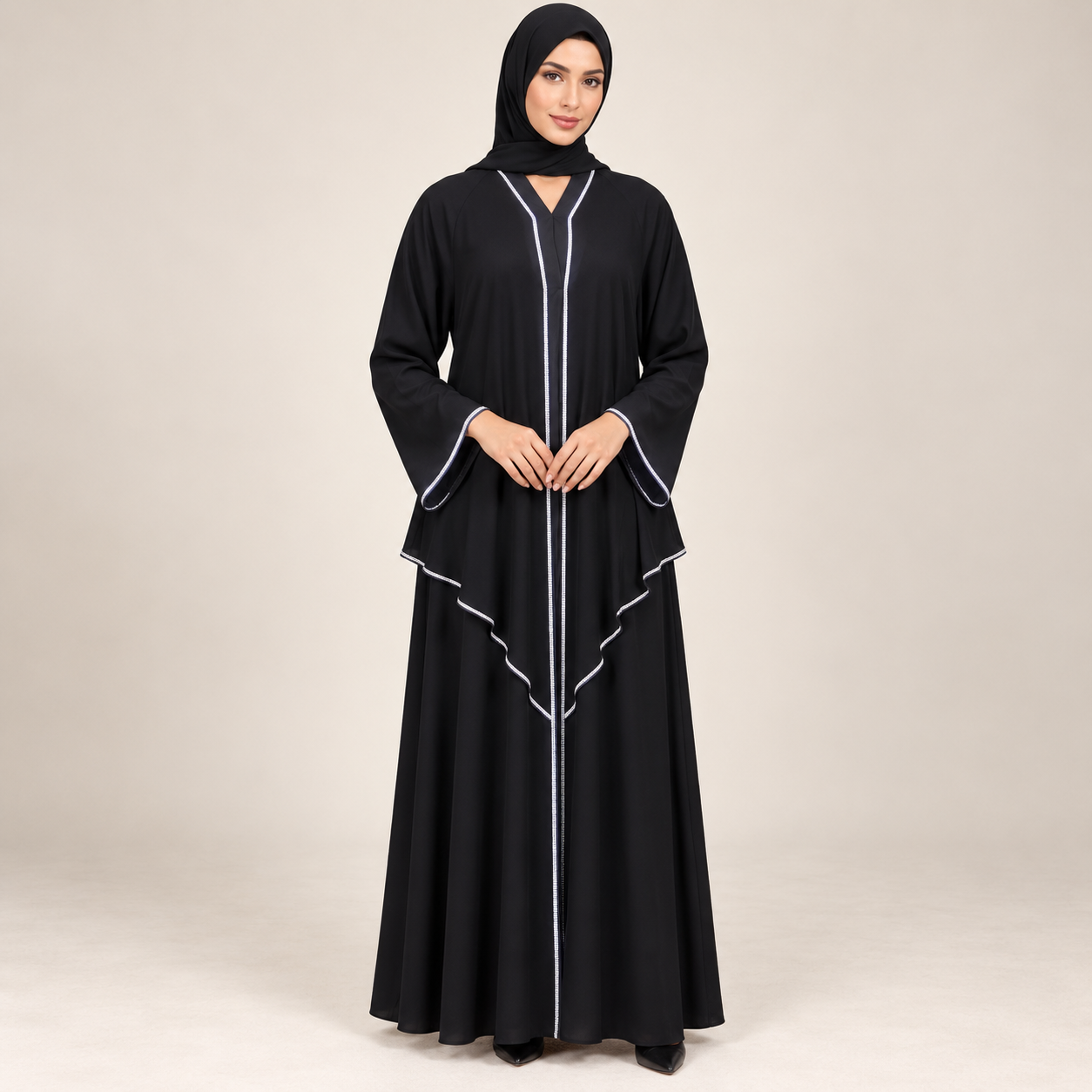 Black Layered Abaya with Contrast-Piped Cape Overlay — view 3 of 4