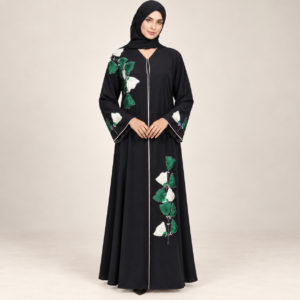 Black Abaya with Green and White Leaf Appliqué