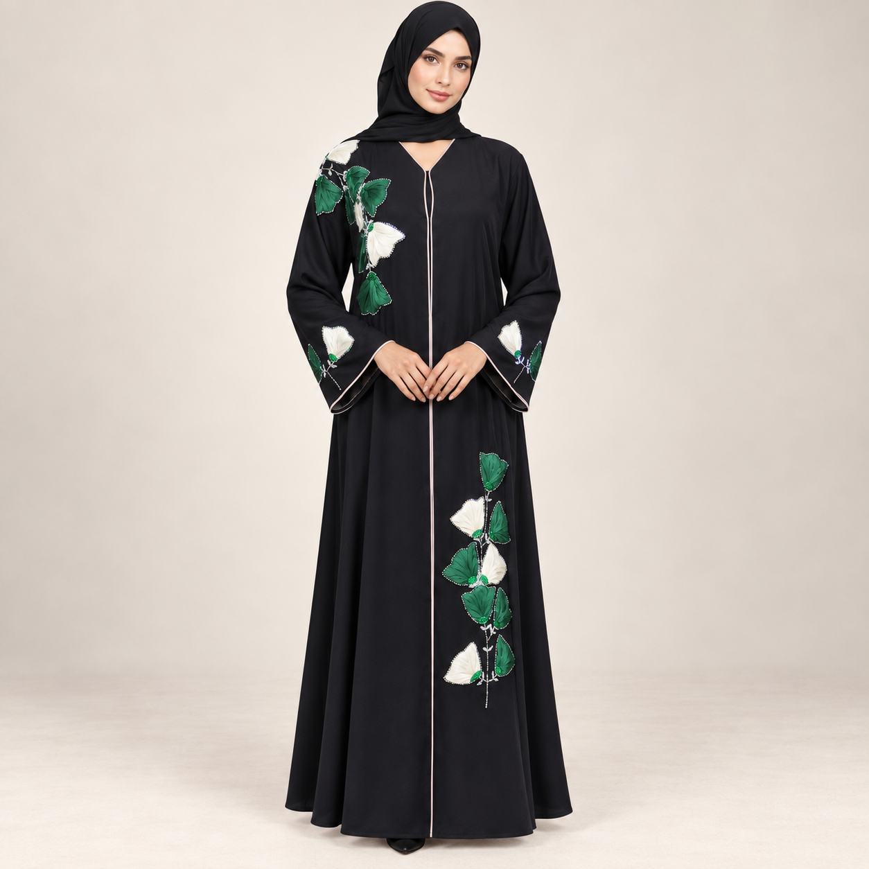 Black Abaya with Green and White Leaf Appliqué