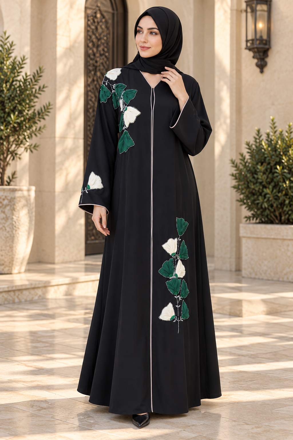 Black Abaya with Green and White Leaf Appliqué — view 3 of 3