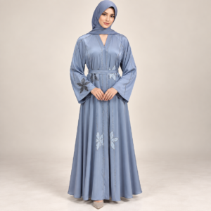 Steel Blue Satin-Finish Abaya with Floral Appliqué and Tie Belt