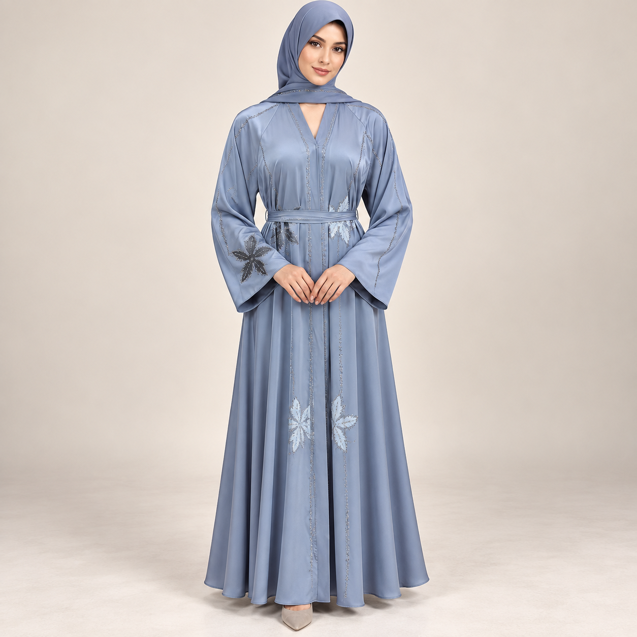 Steel Blue Satin-Finish Abaya with Floral Appliqué and Tie Belt
