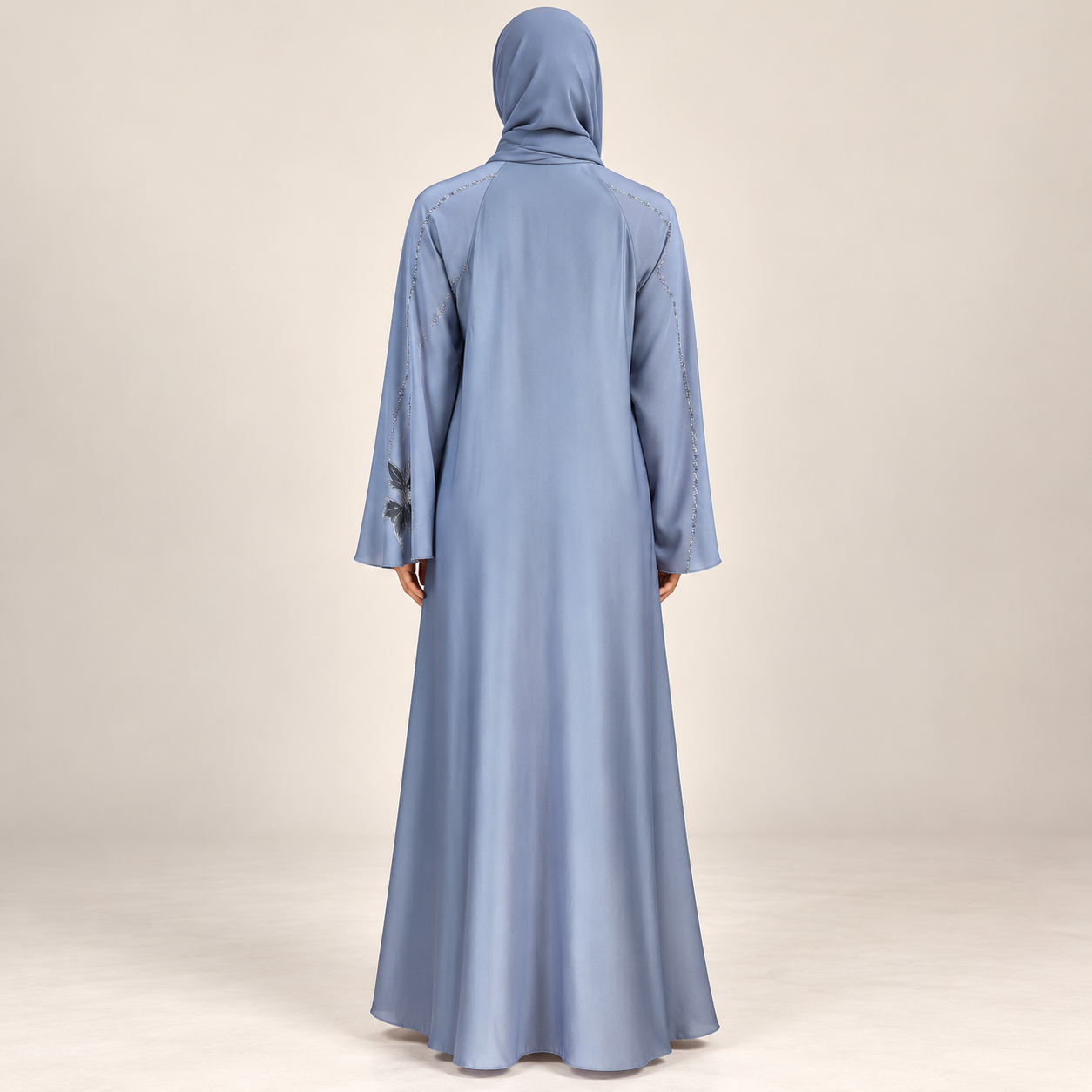 Steel Blue Satin-Finish Abaya with Floral Appliqué and Tie Belt — view 2 of 3