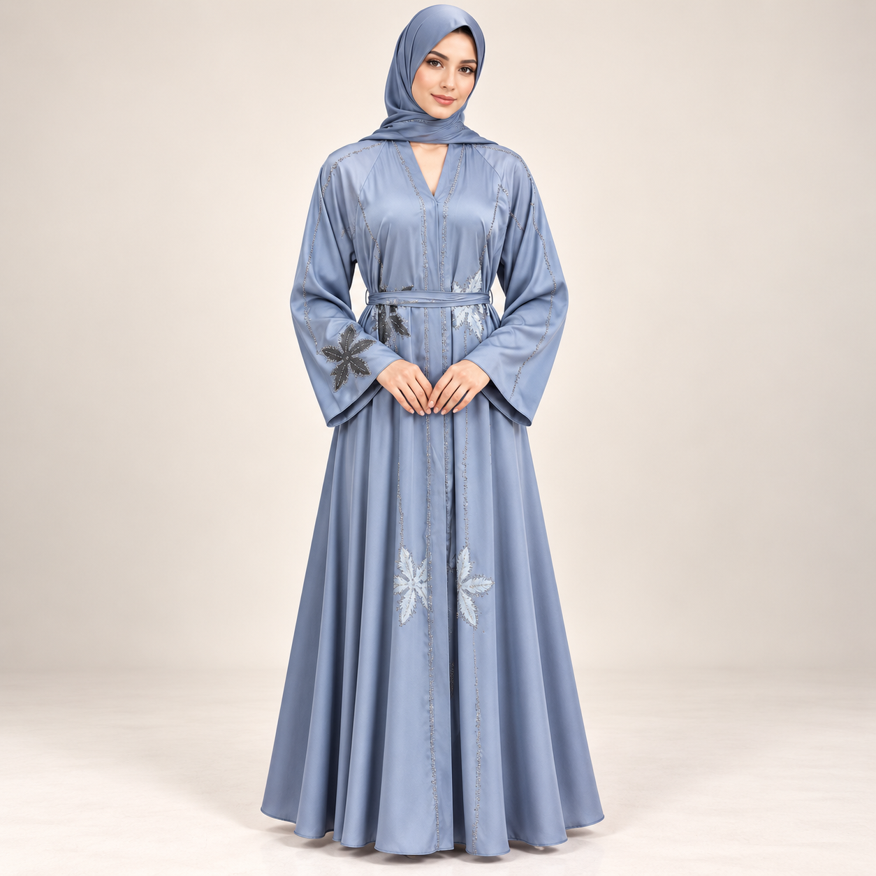 Steel Blue Satin-Finish Abaya with Floral Appliqué and Tie Belt — view 3 of 3