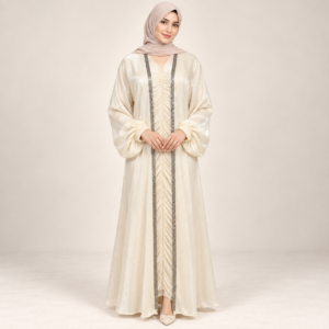 Ivory Shimmer Abaya with Ruched Front and Sequin Trim