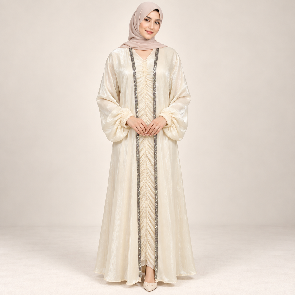Ivory Shimmer Abaya with Ruched Front and Sequin Trim