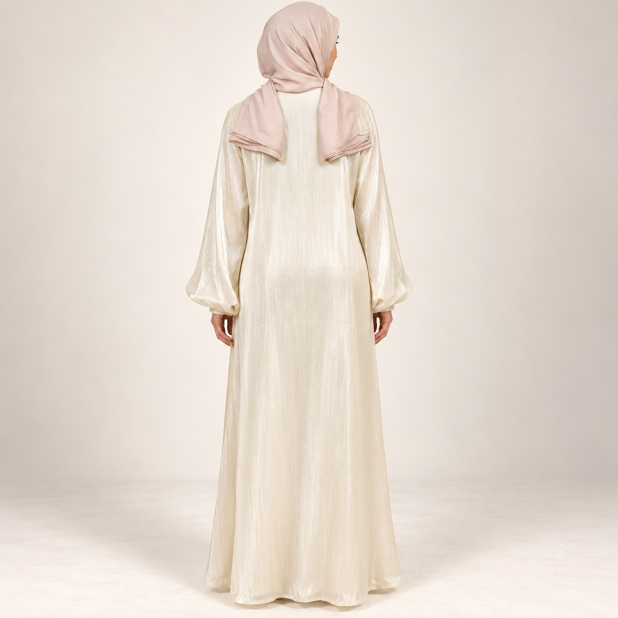 Ivory Shimmer Abaya with Ruched Front and Sequin Trim — view 2 of 4