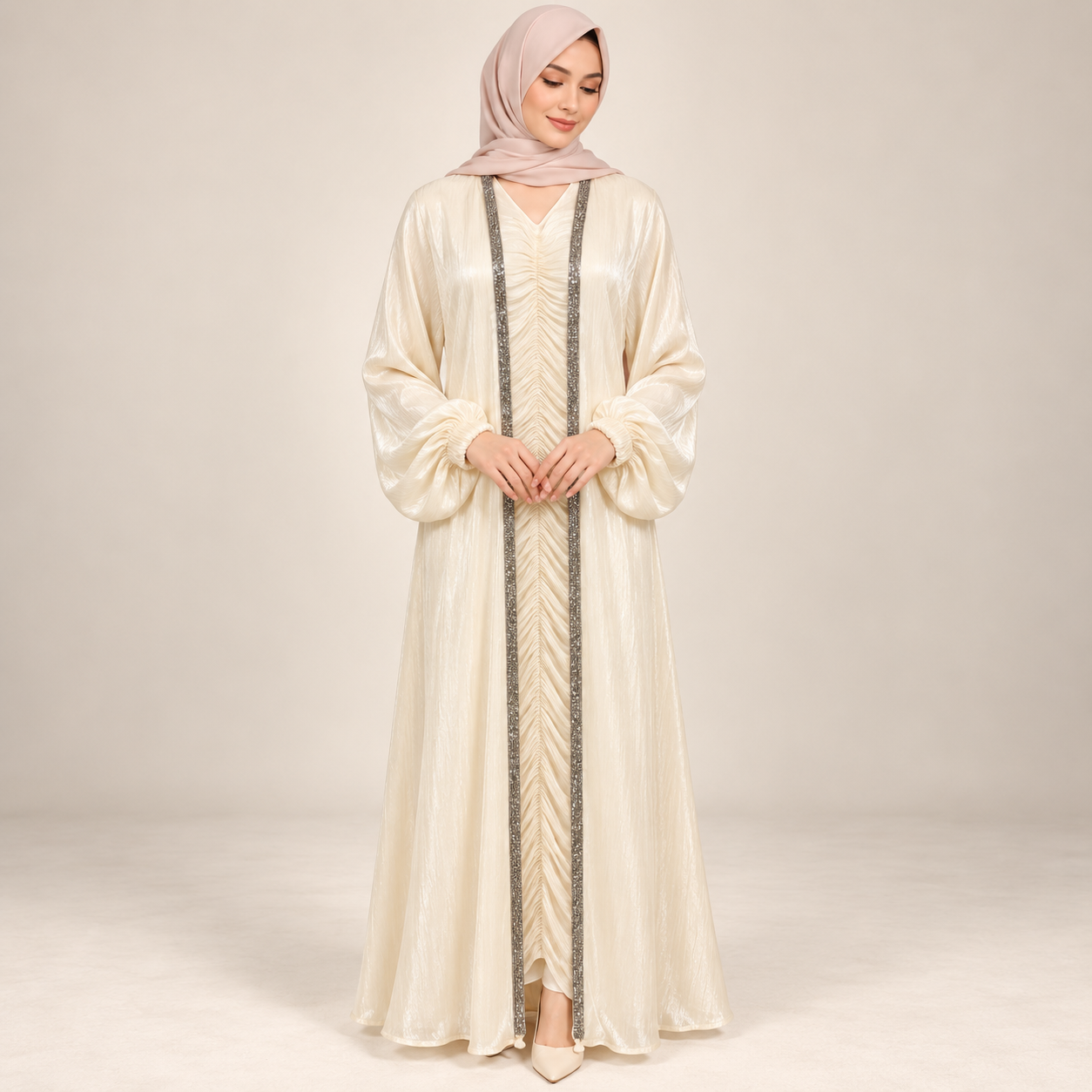 Ivory Shimmer Abaya with Ruched Front and Sequin Trim — view 3 of 4