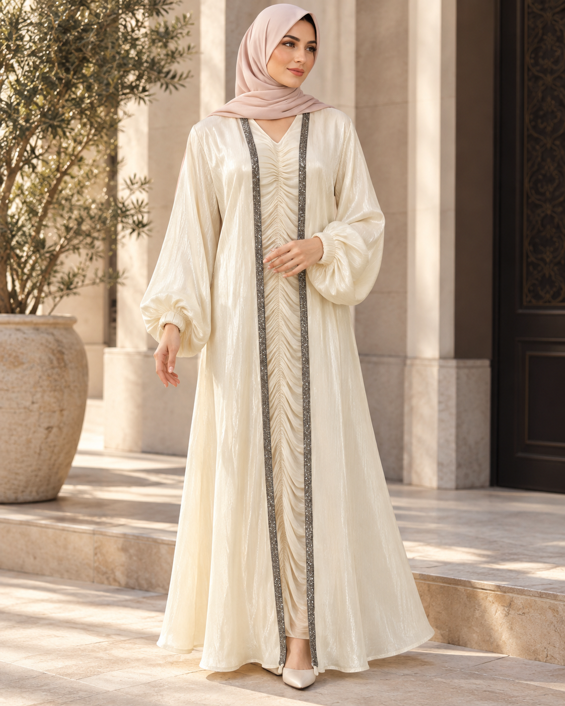 Ivory Shimmer Abaya with Ruched Front and Sequin Trim — view 4 of 4